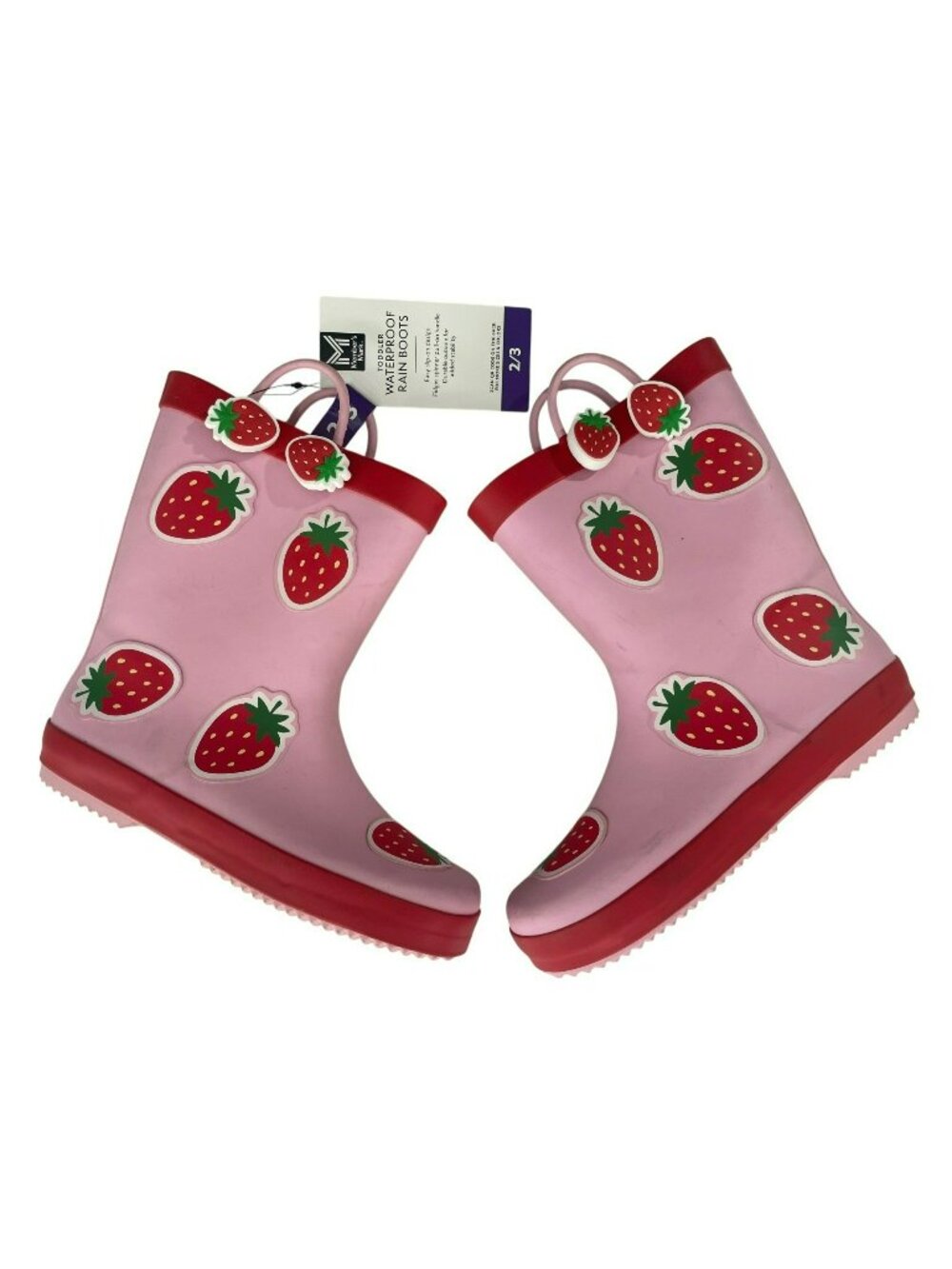 Member's Mark Waterproof Rain Boots Pink Strawberry Pull Handles Kids Size 2/3